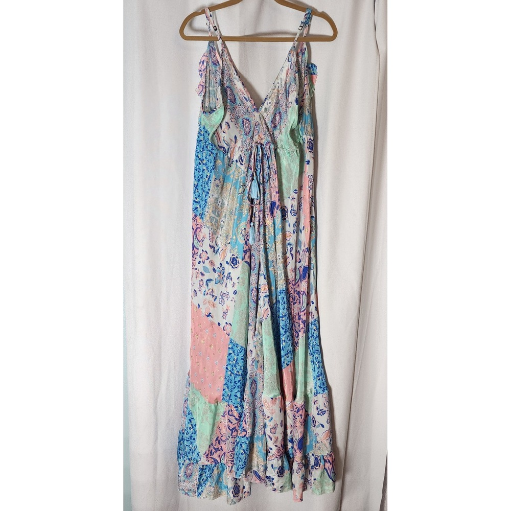 Zury Silk Blend Maxi Dress Cover Up One Size Boho Patchwork Paisley Blue Pink
